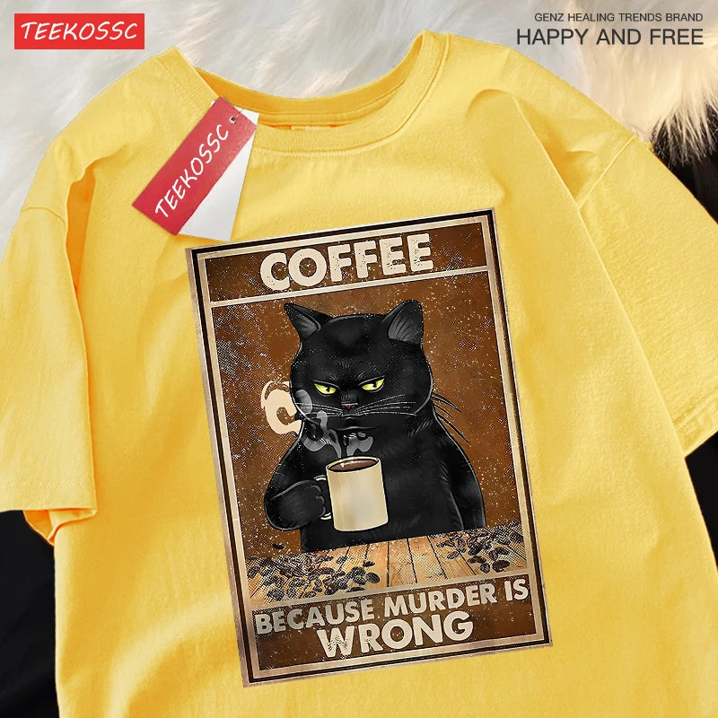Camiseta Oversize “Because Murder Is Wrong” – T-shirt Black Cat, Algodón Transpirable, Streetwear Unisex, Manga Corta