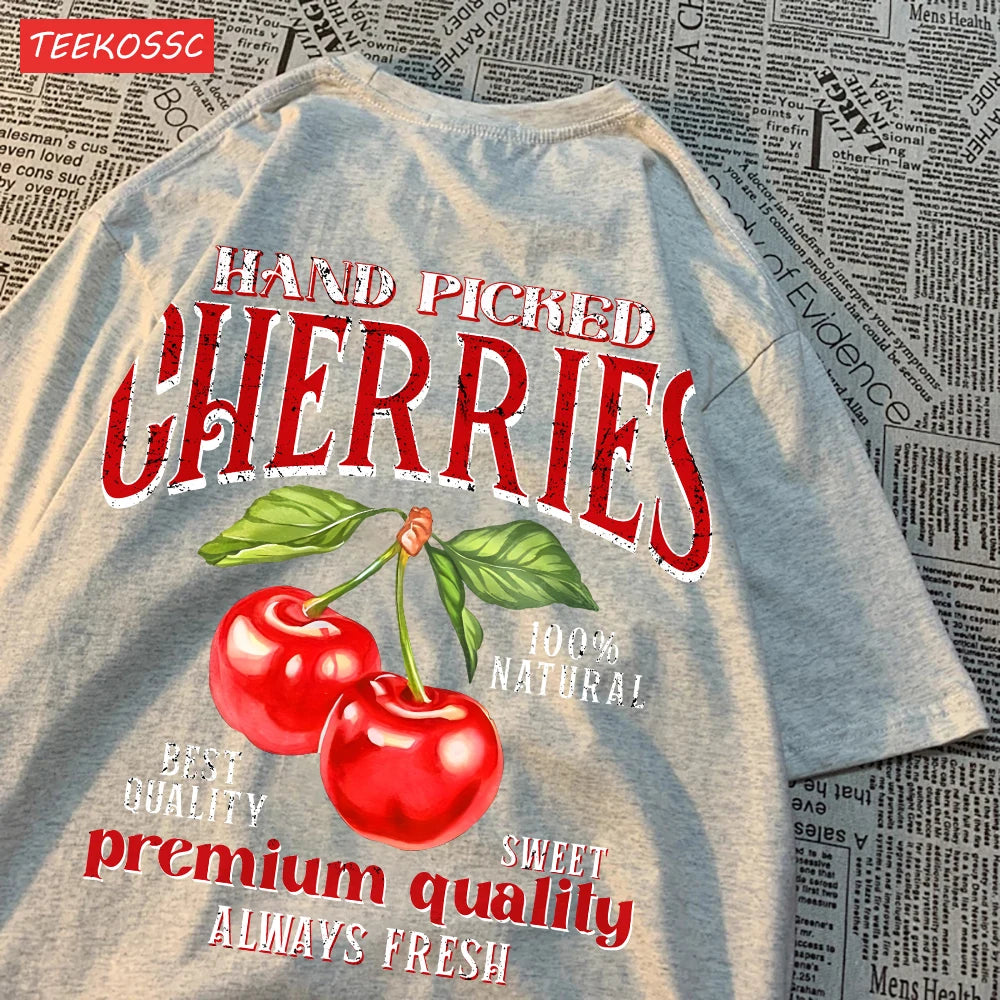 Camiseta Oversize Mujer Verano | Algodón Estampado Limones y Cerezas Casual