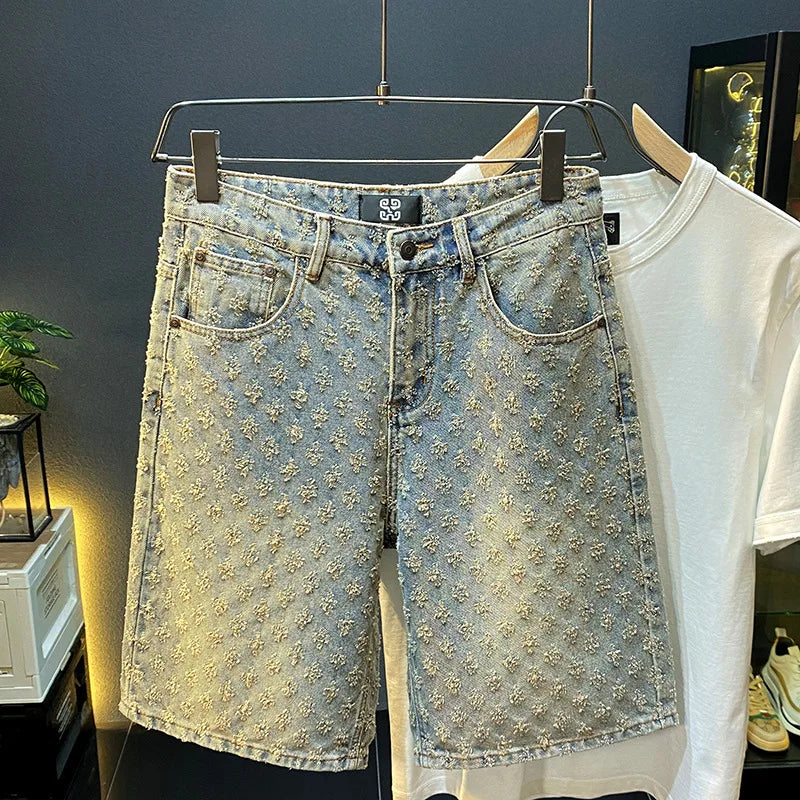 2025 new summer high-end denim shorts for men, loose straight leg oversized pants, retro embroidered five quarter pants