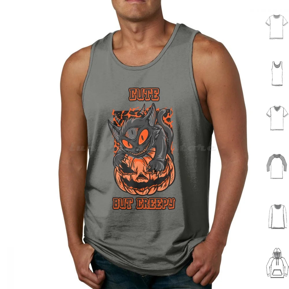 Camiseta Sin Mangas Psycho Cat y Calabaza – Algodón 100% Estilo Oversize Halloween Gótico para Hombre