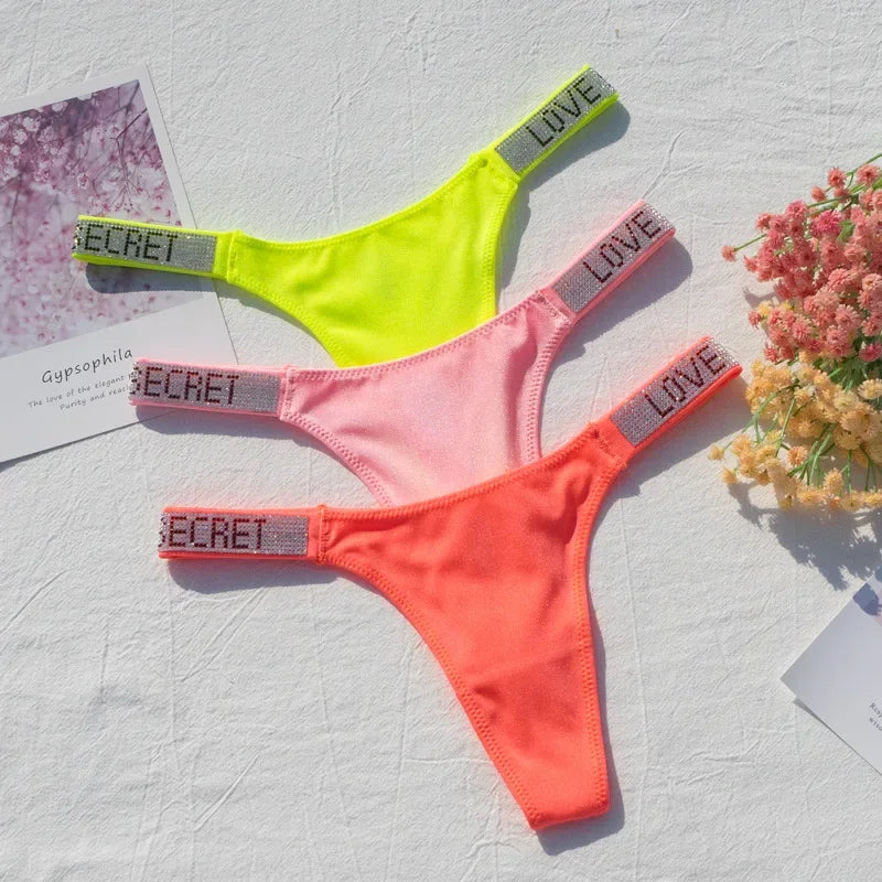Women Panties Shiny Rhinestone Sexy Lingerie Women Low Rise Nylon Female Underwear Secret G-string Neon Color Women Thong