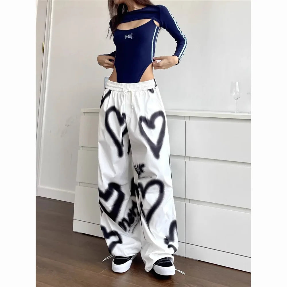 Pantalones Anchos Love Graffiti Mujer | Jogger Y2K Cintura Alta Elástica Streetwear Coreano