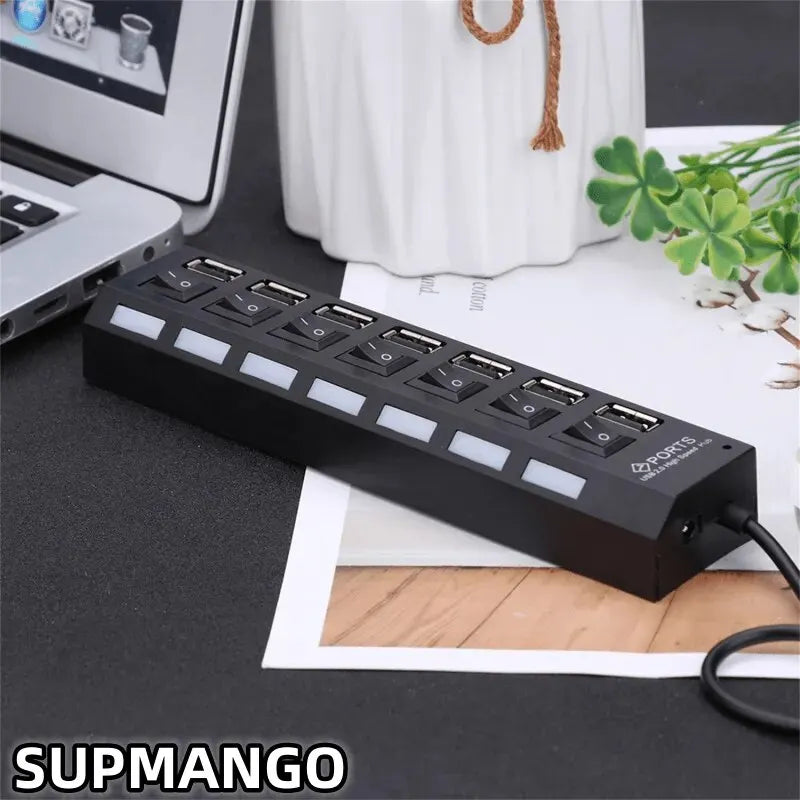 USB Hub 7 Puertos 2.0 – Adaptador Extensor de Datos para Laptop y PC