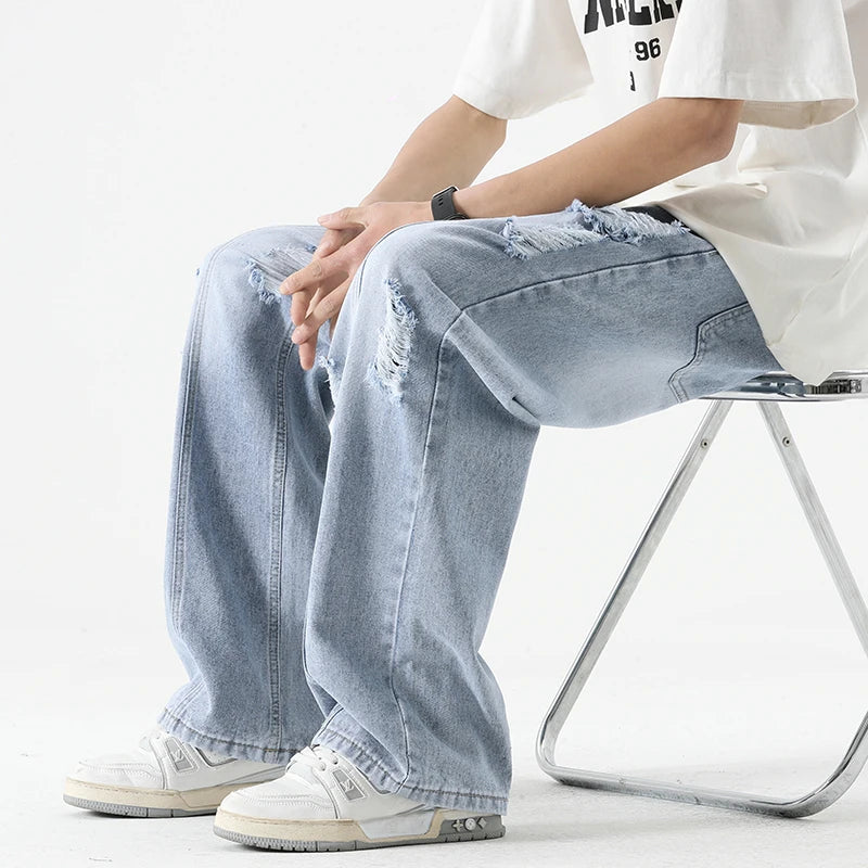 Jeans Hombre Verano Rasgados Rectos | Pantalones Vaqueros Sueltos Retro Cordón Ajustable Streetwear
