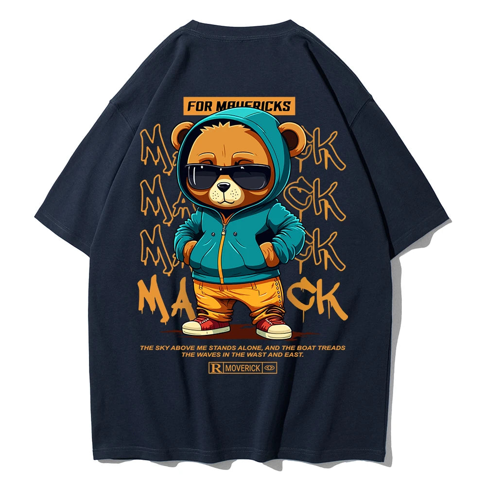 Camiseta de Algodón con Estampado de Oso – T-shirt Redonda Oversize Unisex Suelta, Transpirable y Casual