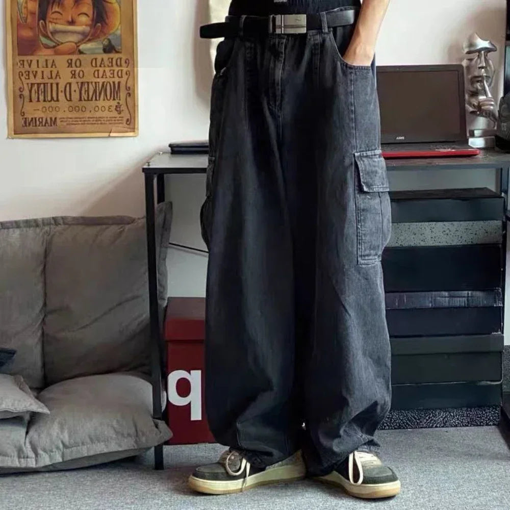 2025 Jeans Men's Oversize Cargo Korean Black Wide Pants Streetwear Hip Hop Harajuku Male Fashion Straight Denim Pants