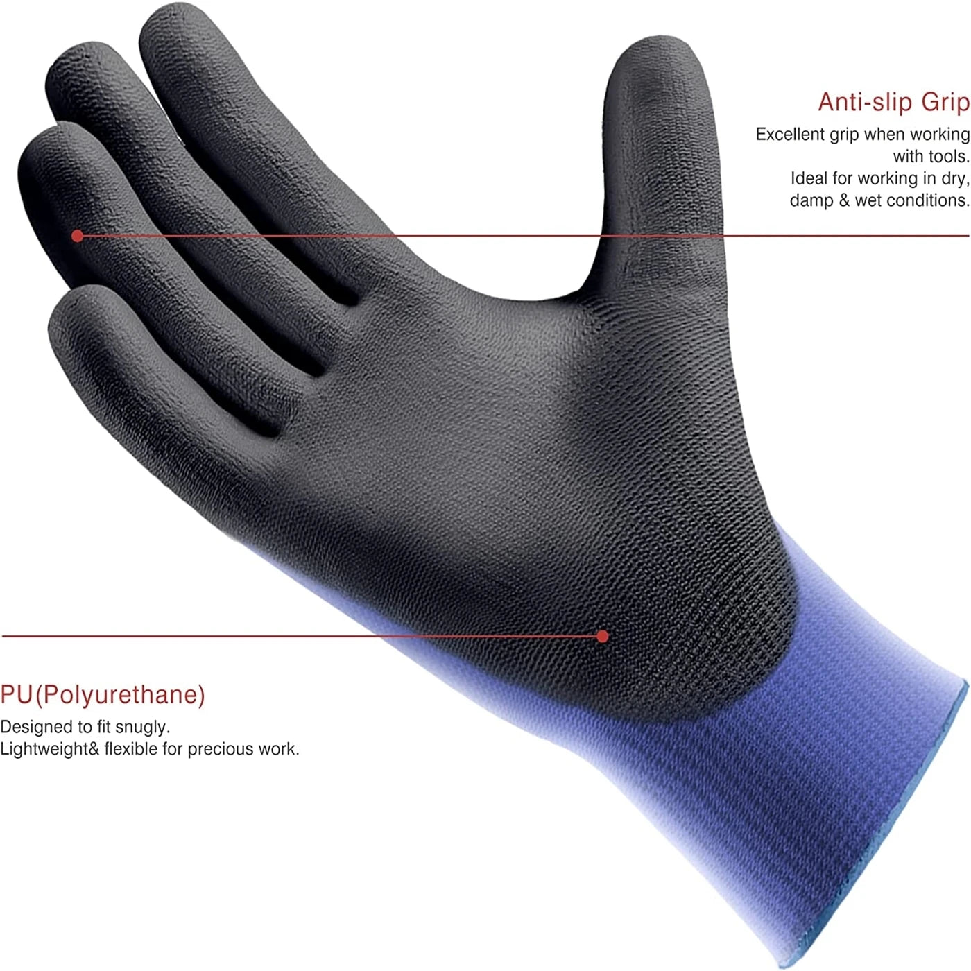 3 Pares de guantes de trabajo ultra finos – Recubrimiento PU, agarre superior, seguridad y comodidad con puño tejido