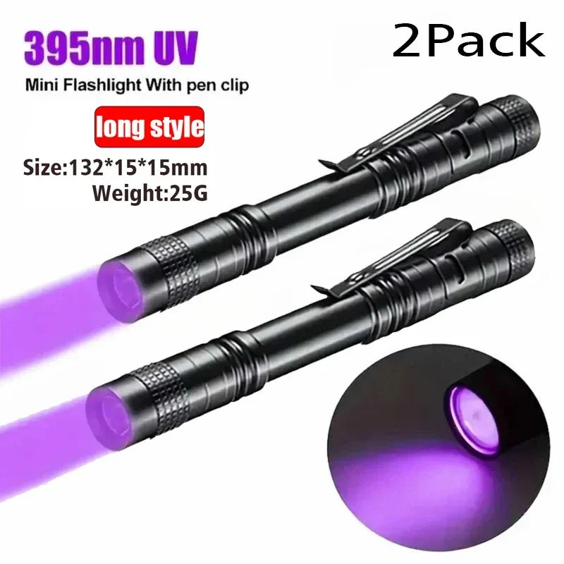 Linterna UV 395nm Portátil con Clip – Detector de Orina de Mascotas, Escorpiones y Uso Multifuncional