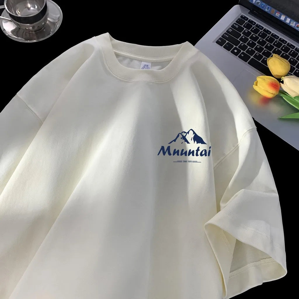 T-Shirts Pullover Oversize Tshirt Hong Kong Style Mountain Peak Letters Print T-shirts Oversized Half Sleeves Youth Tees