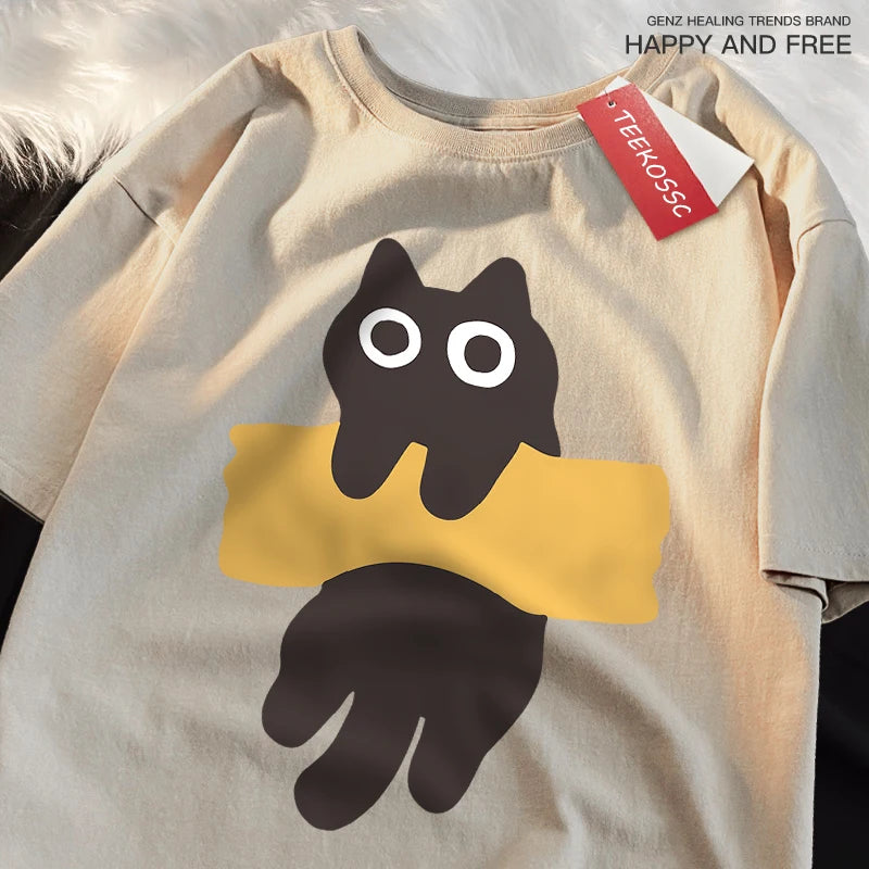Camiseta Oversize con Estampado de Gato – T-shirt Manga Corta Estilo Japonés Unisex, Algodón, Cuello Redondo