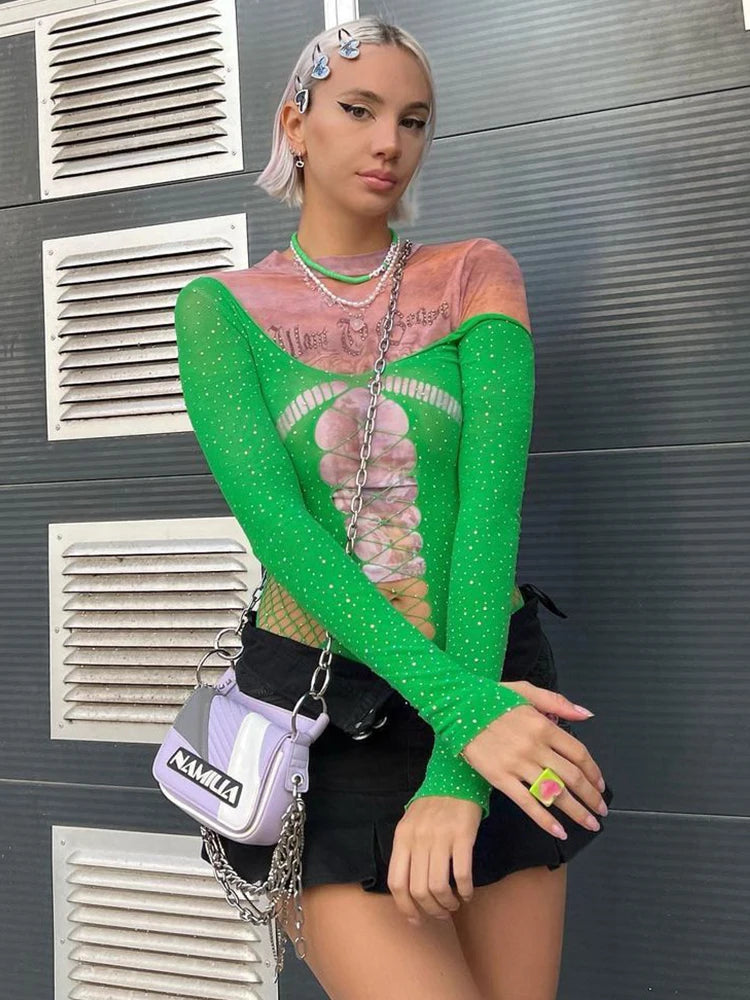 Body Mujer 2025 | Lencería Sexy de Malla Brillante con Rhinestones y Manga Larga