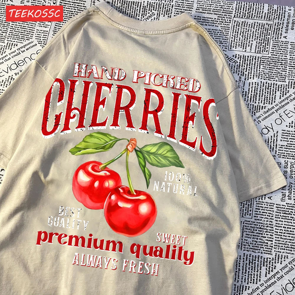 Camiseta Oversize Mujer Verano | Algodón Estampado Limones y Cerezas Casual