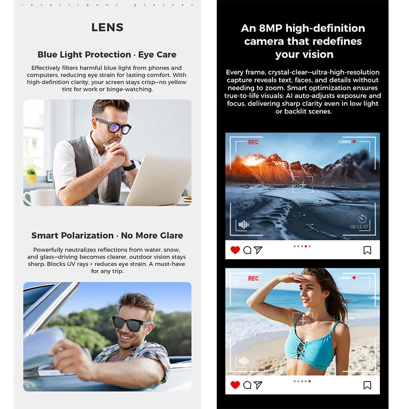 Gafas inteligentes con cámara integrada – Foto, video, traducción AI en 100+ idiomas, batería 250mAh, Bluetooth, resistentes al agua