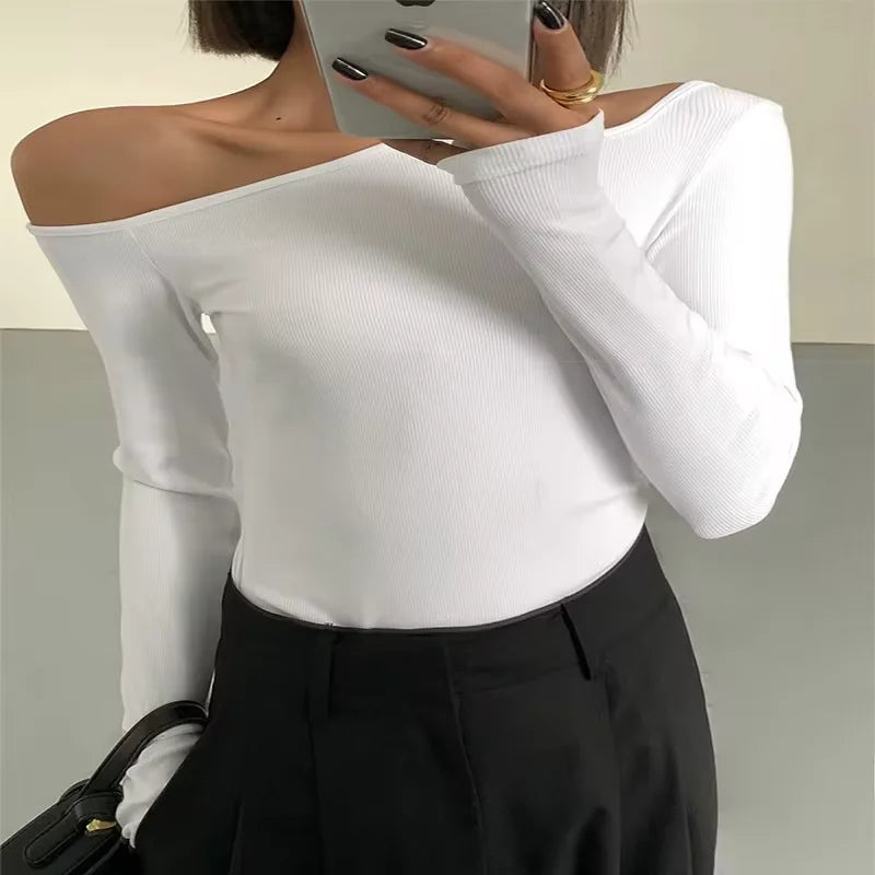 Top Mujer Sexy Escote Asimétrico | Camiseta Manga Larga Off Shoulder Slim Crop Primavera