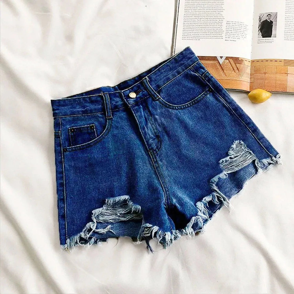 Shorts Vaqueros Mujer Cintura Alta | Denim Azul Coreano con Flecos y Detalles Y2K