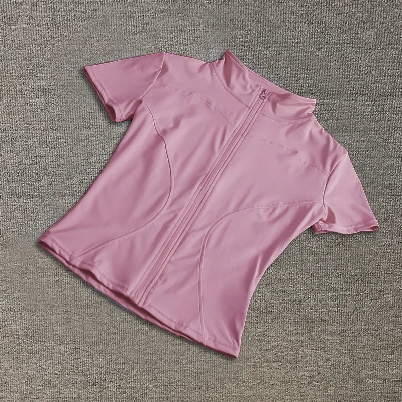 Camiseta Deportiva Mujer Verano | Top Slim Fit Secado Rápido Cuello Alto Cremallera Completa Yoga & Fitness
