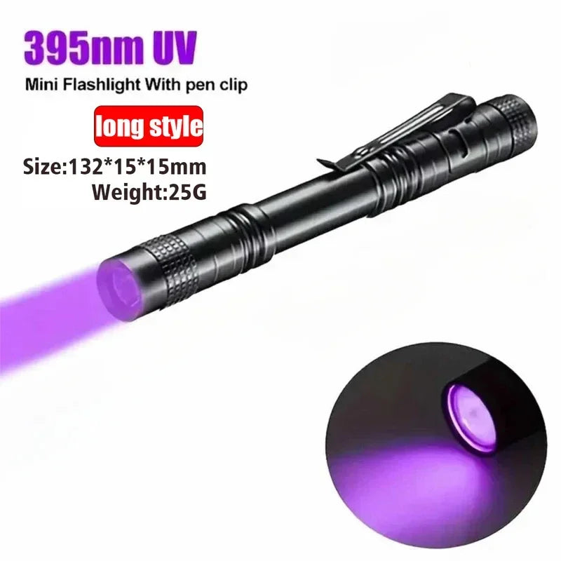 Linterna UV 395nm Portátil con Clip – Detector de Orina de Mascotas, Escorpiones y Uso Multifuncional