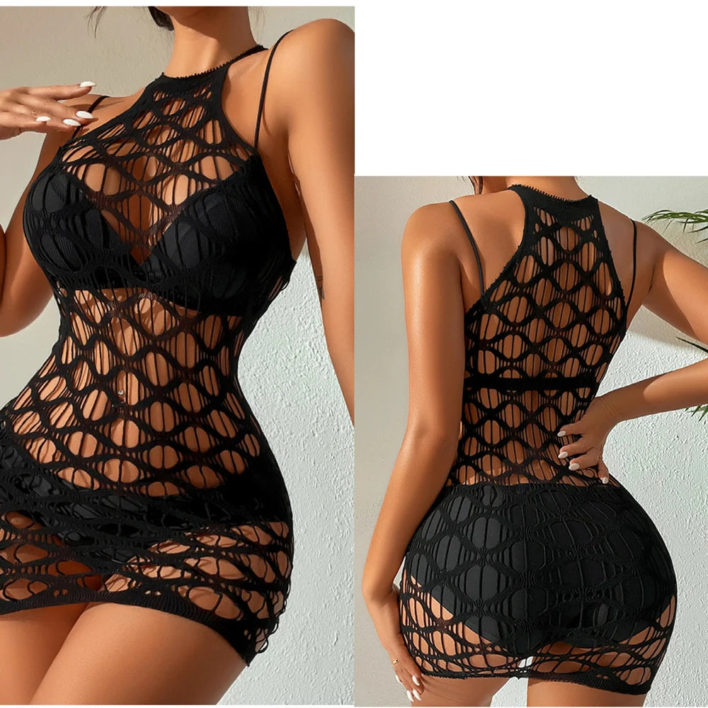 Vestido Mini Mujer 2025 | Lencería Sexy de Malla Transparente y Hollow Out