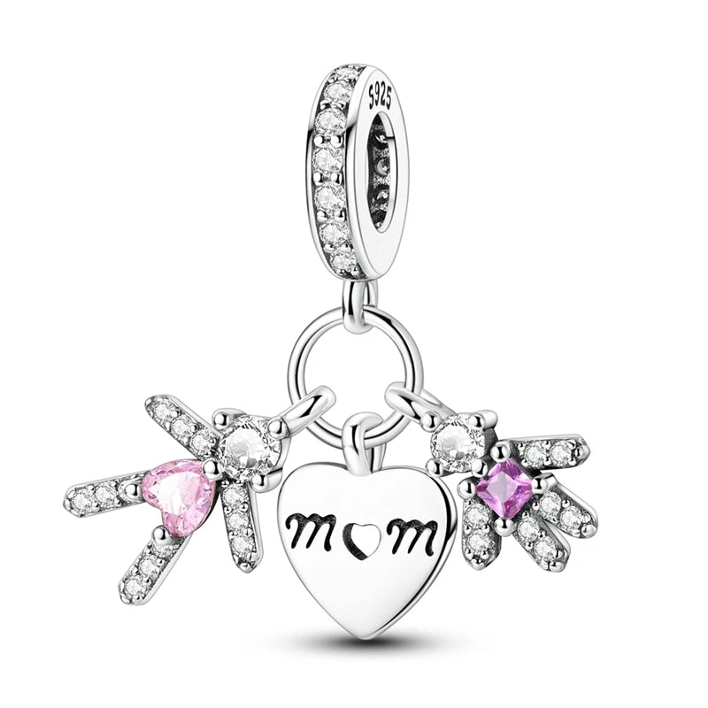 Charm Plata 925 Día de la Madre | Dije Corazón Rosa Love Mom Compatible Pandora Pulsera Collar Mujer
