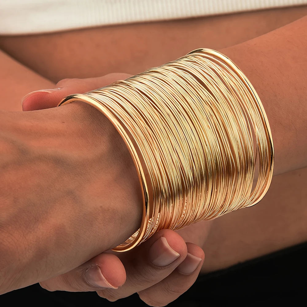 Brazalete Vintage Dorado Ancho | Pulsera Cuff de Alambre en Capas para Mujer Estilo Punk