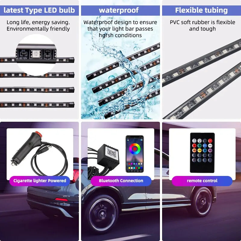 Kit de Luces LED Neón RGB para Interior de Coche | Tiras Decorativas con Control Remoto, App y Modo Música
