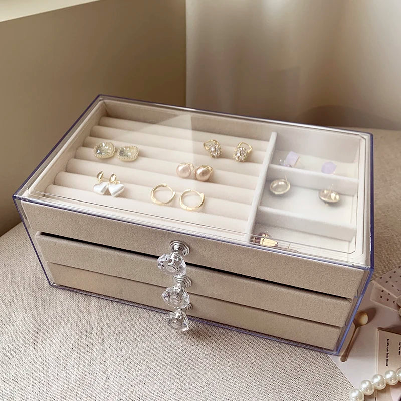 Joyero de Terciopelo y Acrílico con 3 Cajones Apilables | Organizador de Joyería para Collares, Pulseras y Aretes