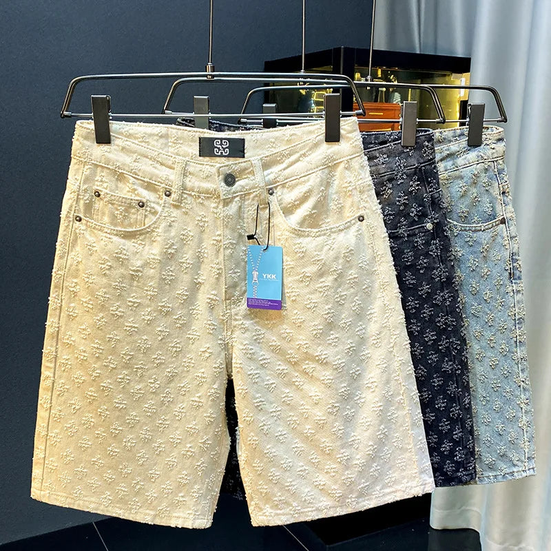 2025 new summer high-end denim shorts for men, loose straight leg oversized pants, retro embroidered five quarter pants