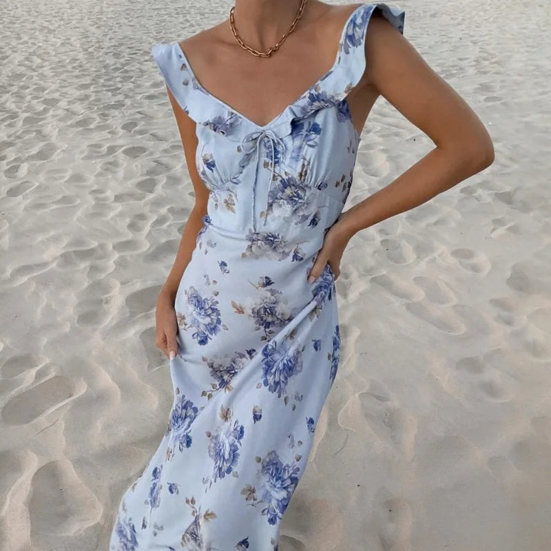 Vestido Largo Floral Mujer | Maxi Dress Sexy Escote Profundo y Espalda Abierta Estilo Coquette