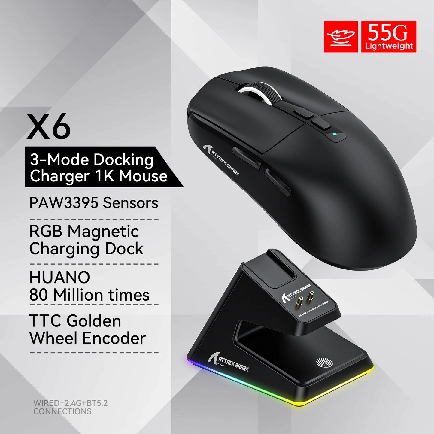 Attack Shark X6 Gaming Mouse – PAW3395, Tri-Mode Bluetooth/2.4G/Wired, RGB Base Magnética de Carga