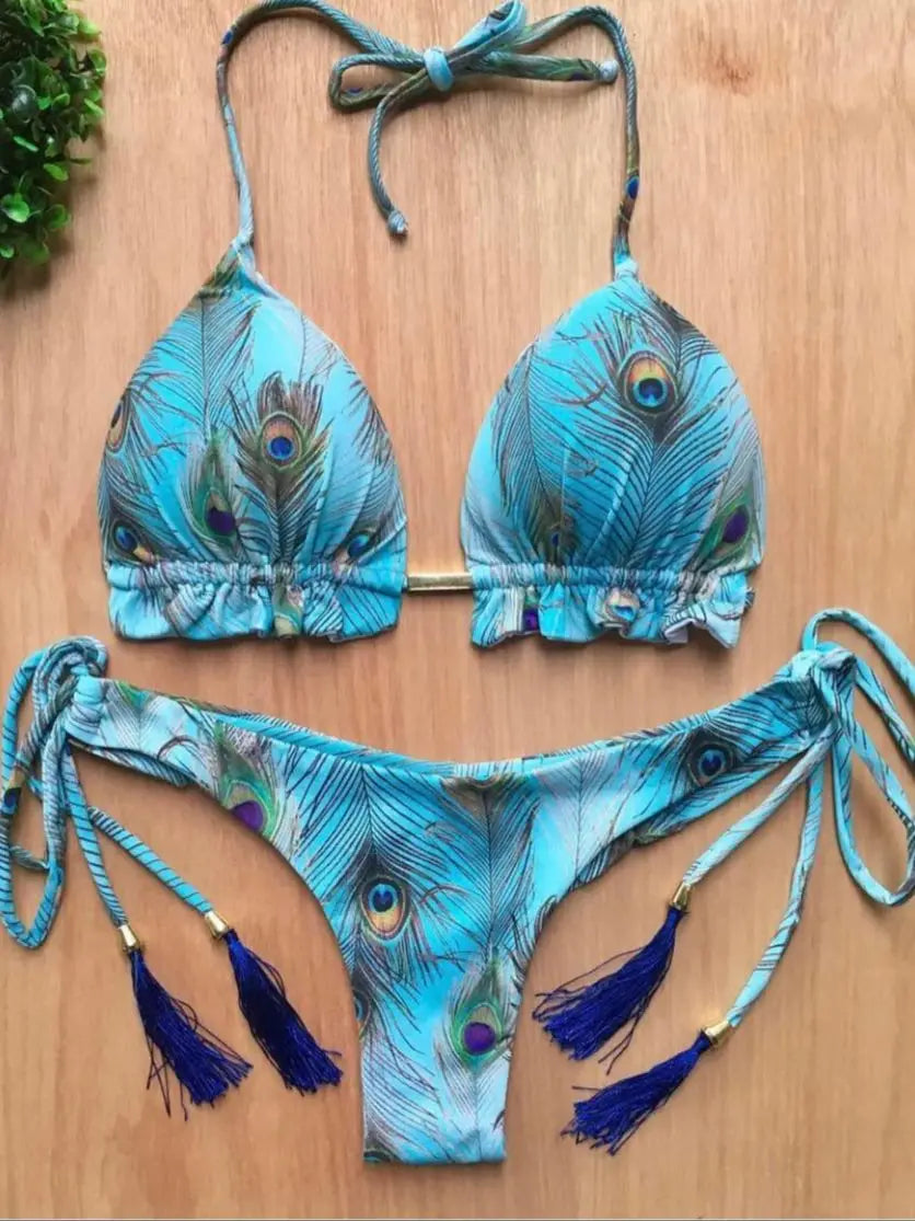 RUOTONGSEPT Micro Bikini Mujer 2025 | Estampado Plumas Bandage Brasileño