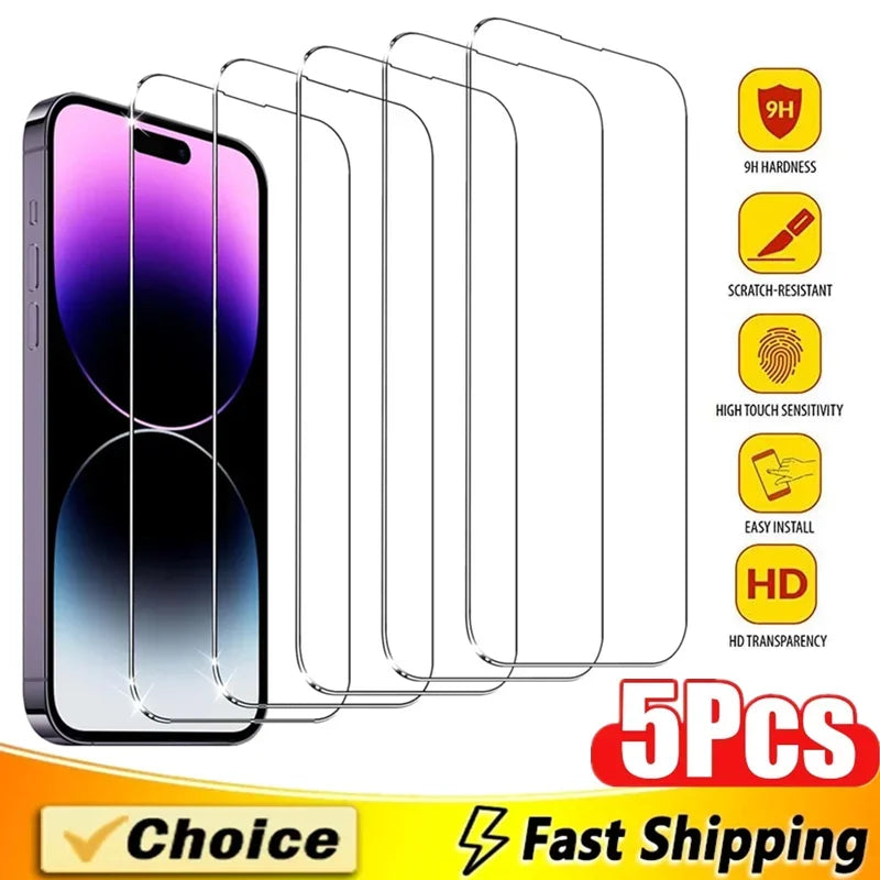 5 Piezas Protector de Pantalla de Vidrio Templado para iPhone 7 8 X XR XS 11 12 13 14 15 16 Pro Max Mini