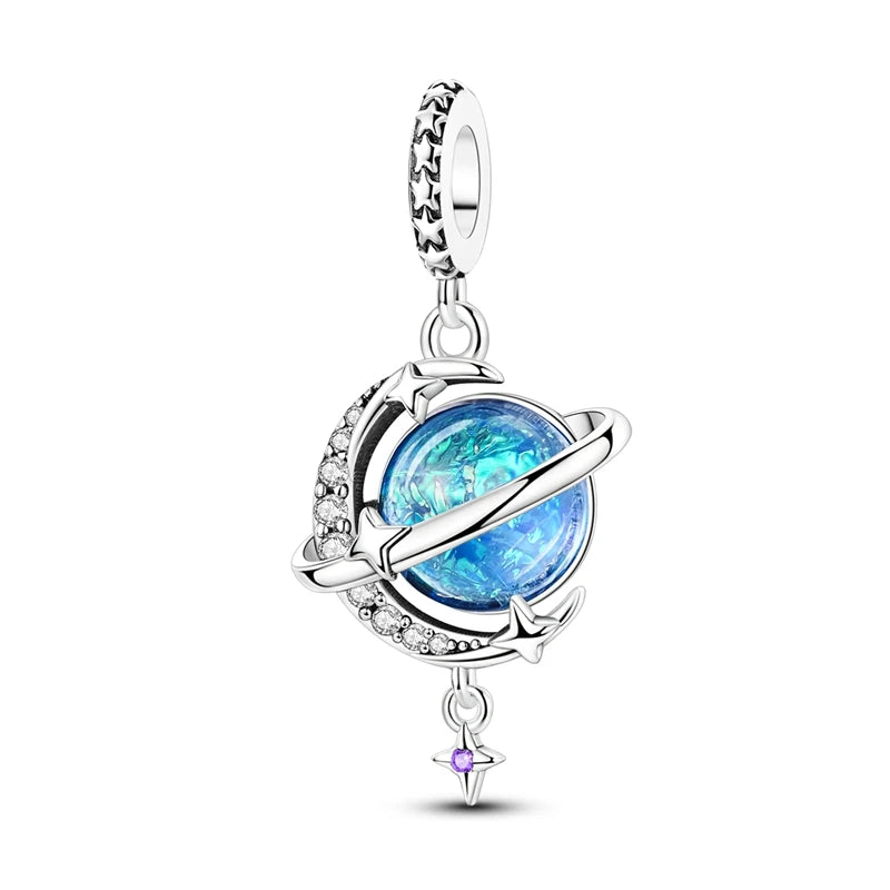 Charm de Plata 925 Trébol Azul Degradado y Flor Iris Rosa – Abalorio Elegante para Pulseras Originales
