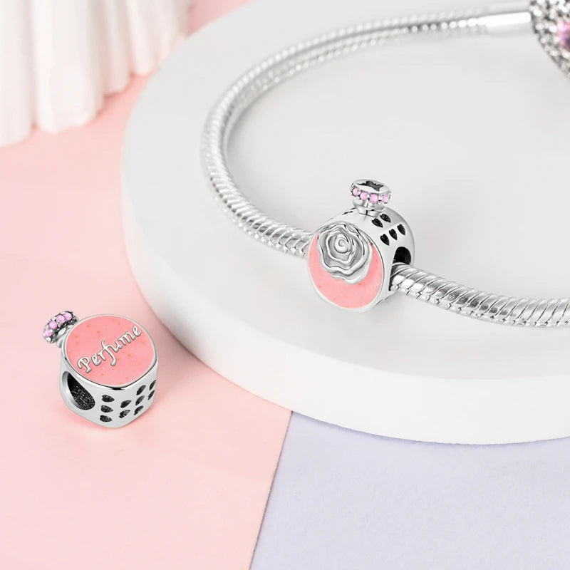 Charm Botella de Perfume en Plata 925 con Corona Rosa – Abalorio Romántico para Pulseras Tipo Qikaola, Regalo San Valentín