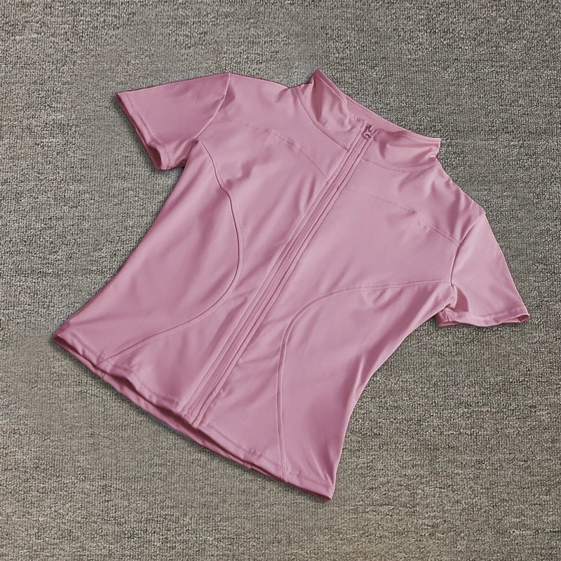 Camiseta Deportiva Mujer Verano | Top Slim Fit Secado Rápido Cuello Alto Cremallera Completa Yoga & Fitness