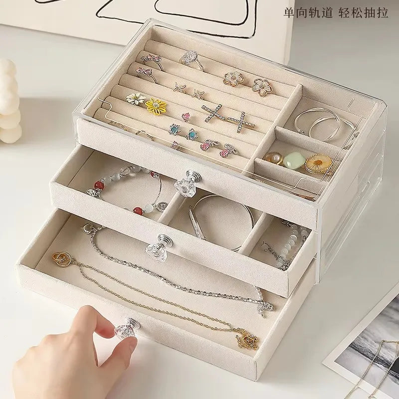 Joyero de Terciopelo y Acrílico con 3 Cajones Apilables | Organizador de Joyería para Collares, Pulseras y Aretes