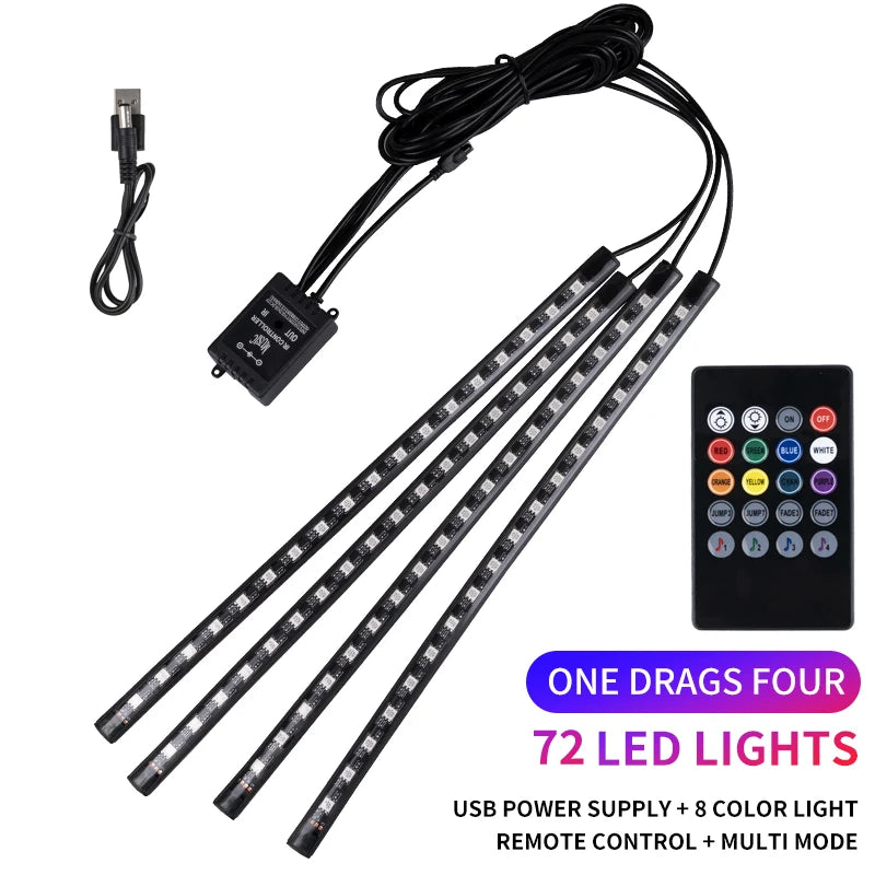 Kit de Luces LED Neón RGB para Interior de Coche | Tiras Decorativas con Control Remoto, App y Modo Música