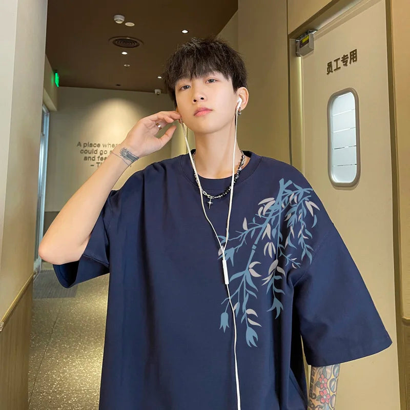 Camiseta Oversize de Algodón para Hombre | Estampado Bambú, Casual de Verano hasta 5XL