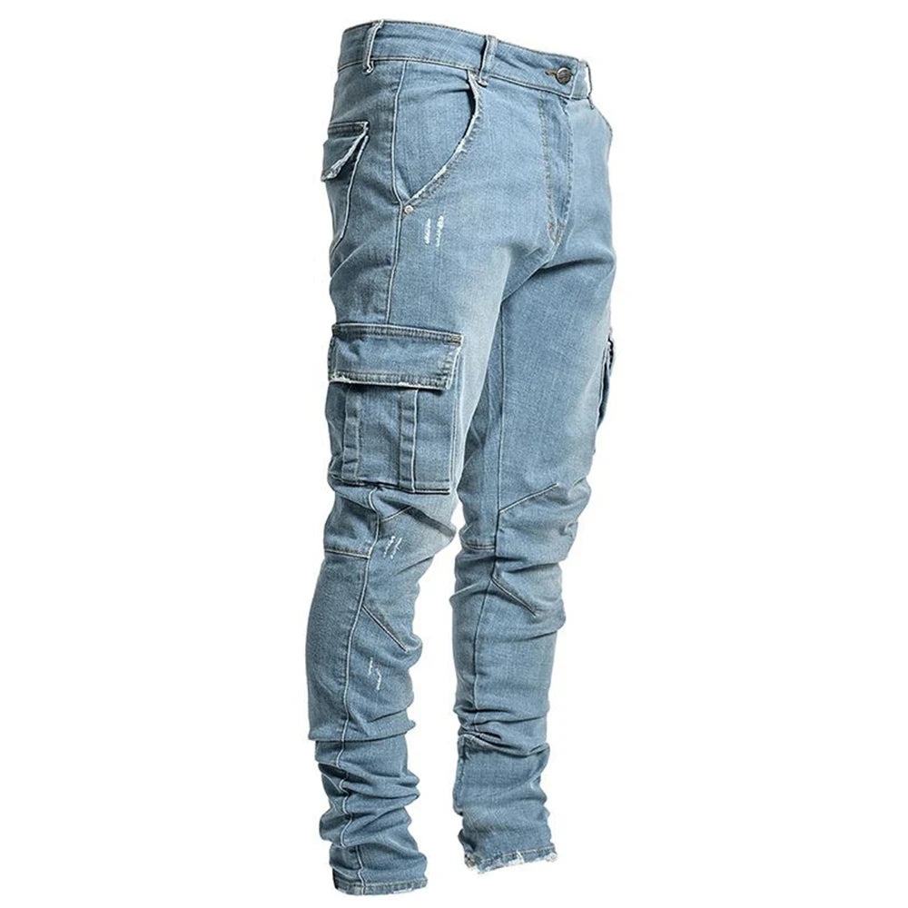 Jeans Cargo Hombre Slim Fit | Pantalón Denim Elástico con Bolsillos Múltiples Streetwear Casual