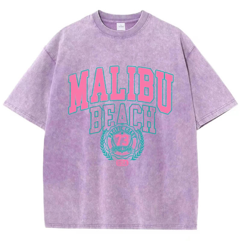Camiseta Oversize Malibu Beach | T-Shirt Algodón Estampado Letras Estilo Lavado