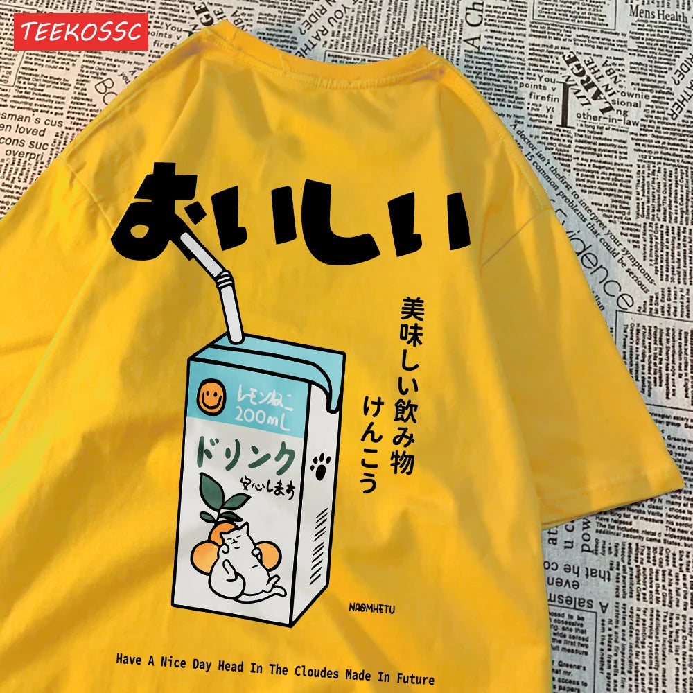 Camiseta Oversize Unisex Algodón | Estampado Japonés Gatito Harajuku Casual Verano