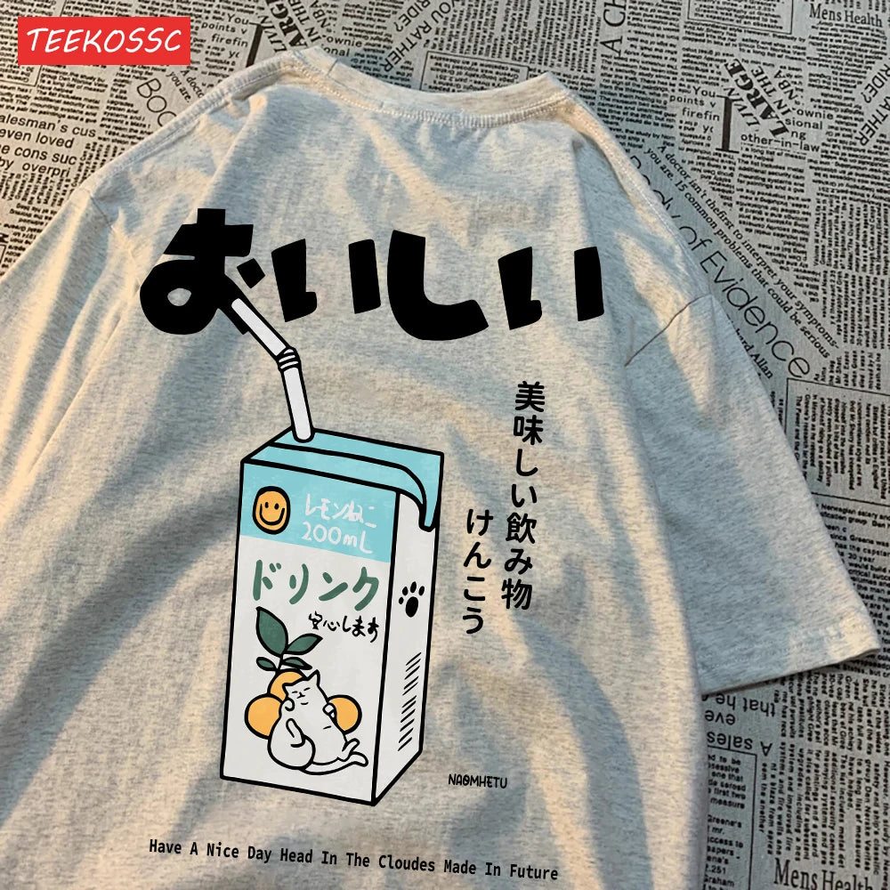 Camiseta Oversize Unisex Algodón | Estampado Japonés Gatito Harajuku Casual Verano