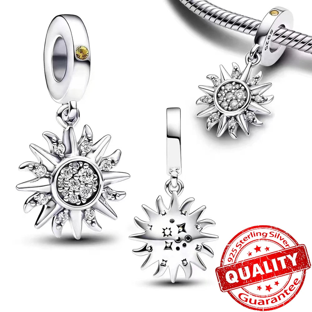 Charm Plata 925 Colgante Colorido Sol Luna Estrellas | Dije Compatible Pandora Pulsera y Collar Mujer