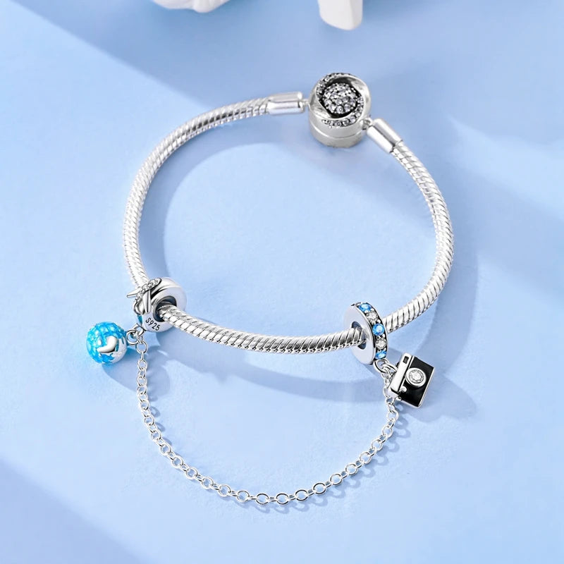 Charm de Plata 925 – Safety Chain, Avión, Tierra, Cámara y Margarita para Pulsera DIY Mujer