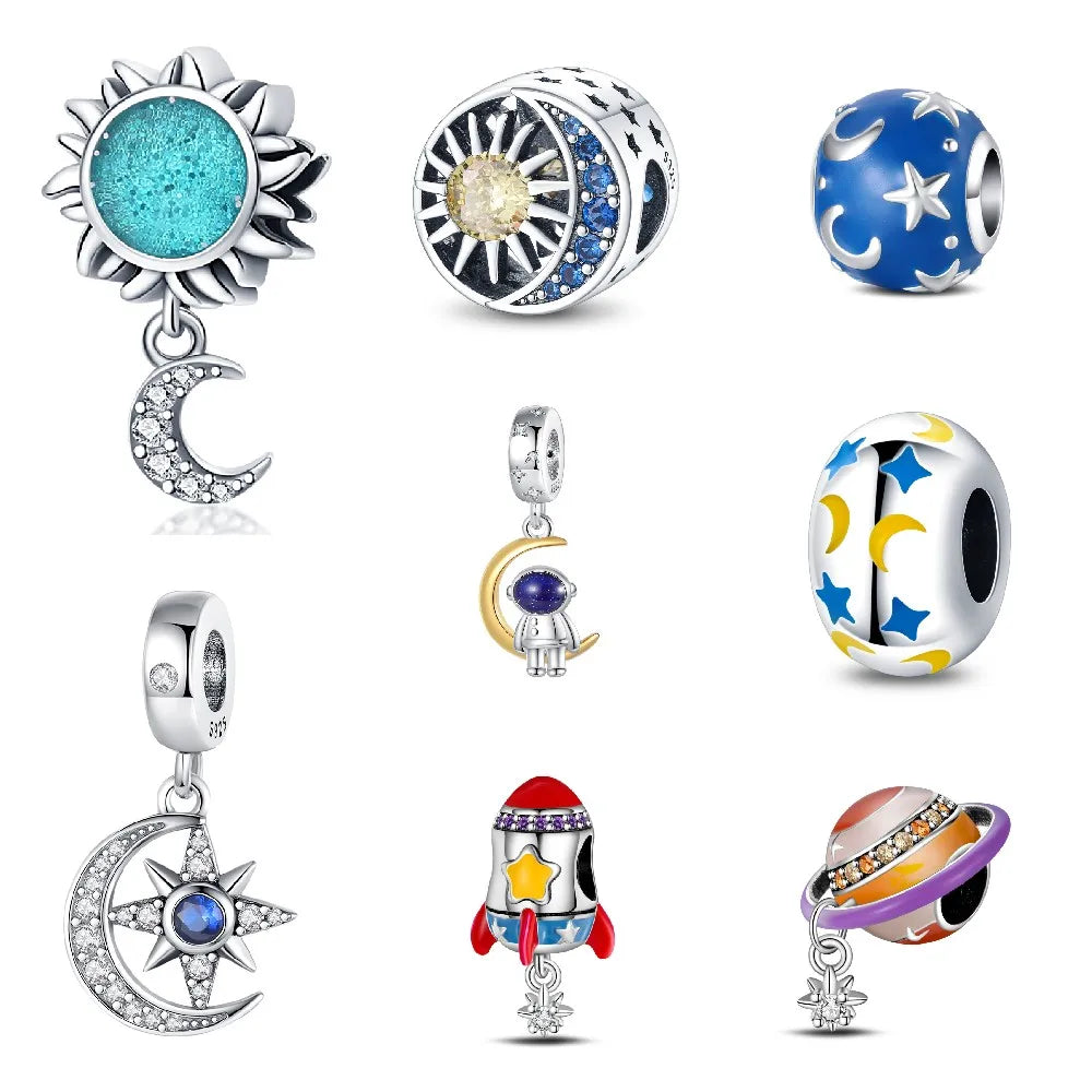 Charm cielo estrellado luna y estrella en plata 925 – Abalorio elegante para pulseras tipo Pandora, joyería DIY cósmica