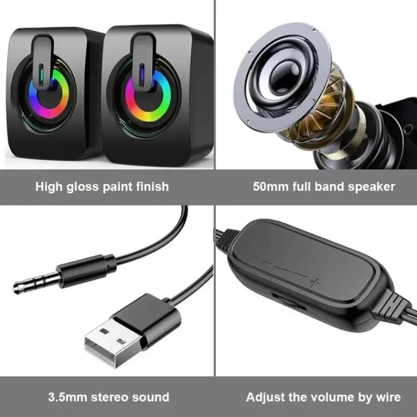 Altavoces de escritorio XIKCU con LED – HiFi estéreo USB con micrófono para PC