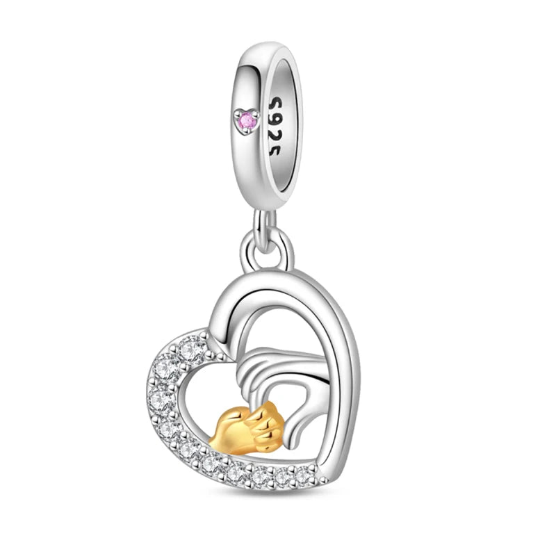 Charm Corazón Mamá e Hija en Plata 925 – Colgante Clásico para Pulseras Tipo Pandora, Regalo Día de la Madre