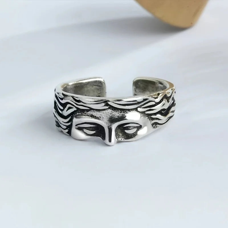 Anillo Retro para Hombre Máscara Venus – Joyería Estilo Thai en Plata Antigua con Relieve Ajustable