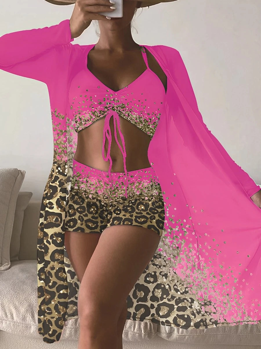 Bikini Mujer 2025 | 3 Piezas Alta Cintura Estampado con Kimono Playa
