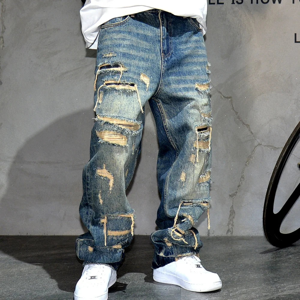 Jeans Rotos Baggy para Hombre – Pantalones Denim Distressed Streetwear Skateboard Oversize Pierna Recta con Patchwork