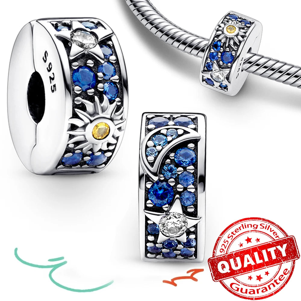 Charm Plata 925 Colgante Colorido Sol Luna Estrellas | Dije Compatible Pandora Pulsera y Collar Mujer
